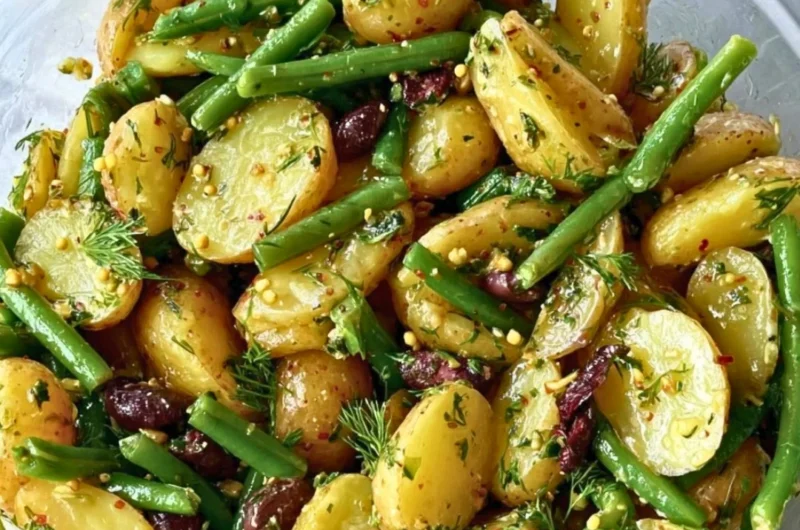 Potato and green bean salad with Kalamata olives served in a bowl