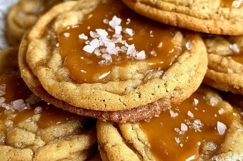 Freshly baked salted caramel cookies on a cooling rack