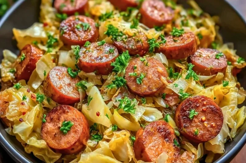 Sausage and cabbage stir fry served on a blue plate with chopsticks.