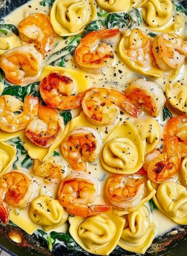 Delicious shrimp tortellini in garlic sauce with herbs and parmesan
