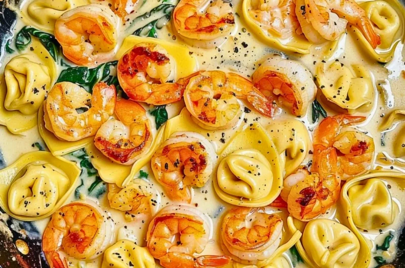 Delicious shrimp tortellini in garlic sauce with herbs and parmesan