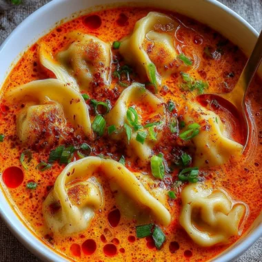 Bowl of simple coconut curry soup with dumplings garnished with herbs