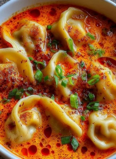 Bowl of simple coconut curry soup with dumplings garnished with herbs