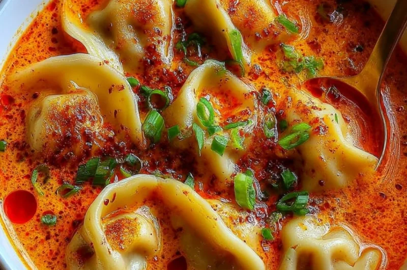 Bowl of simple coconut curry soup with dumplings garnished with herbs