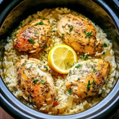 Slow cooker lemon herb chicken with rice placed in a bowl, garnished with fresh herbs.
