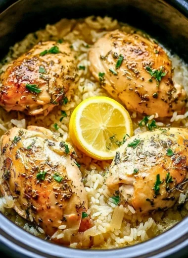 Slow cooker lemon herb chicken with rice placed in a bowl, garnished with fresh herbs.