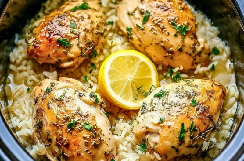 Slow cooker lemon herb chicken with rice placed in a bowl, garnished with fresh herbs.