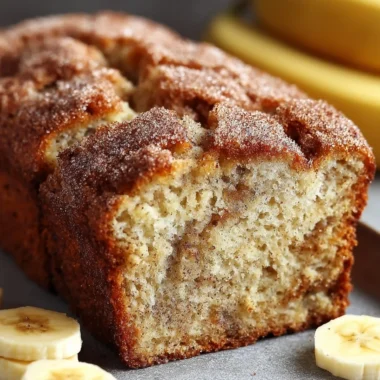 Delicious snickerdoodle banana bread sliced on a wooden cutting board