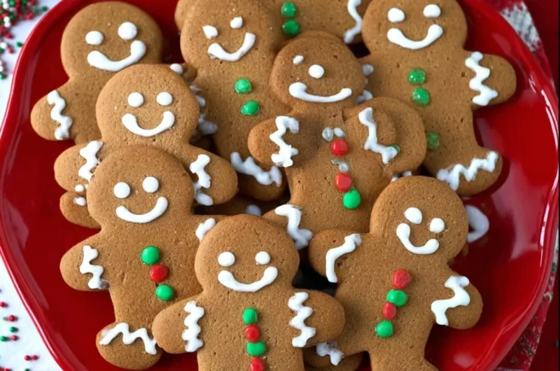 Soft and chewy gingerbread men cookies decorated for the holidays