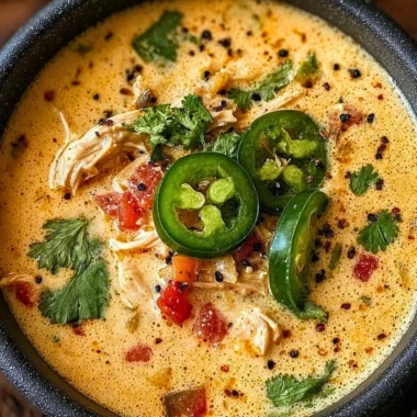 Bowl of spicy jalapeño popper chicken soup garnished with cheese and jalapeños
