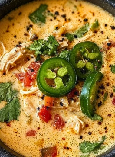 Bowl of spicy jalapeño popper chicken soup garnished with cheese and jalapeños
