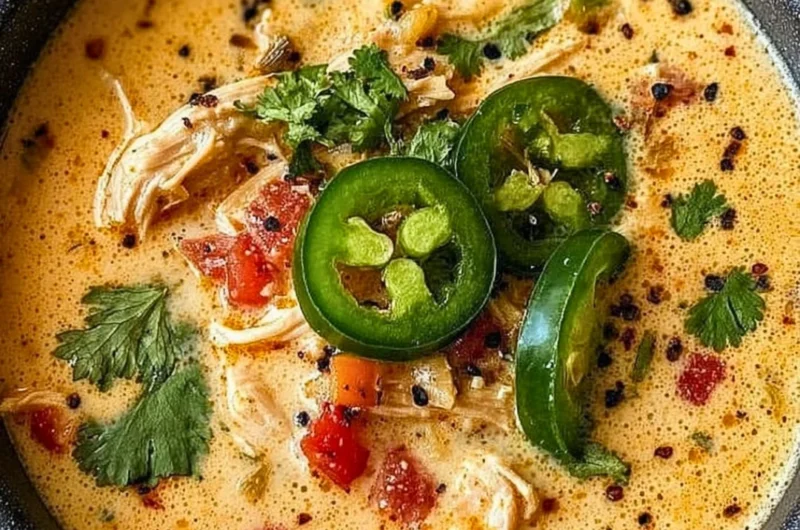 Bowl of spicy jalapeño popper chicken soup garnished with cheese and jalapeños