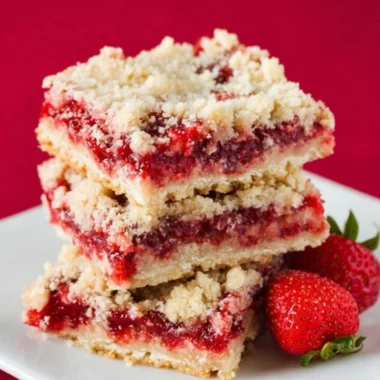 Delicious strawberry crumb bars topped with a golden crumb crust