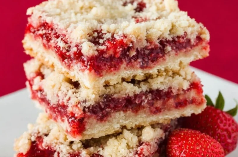 Delicious strawberry crumb bars topped with a golden crumb crust