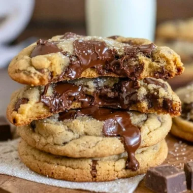 Ultra thick chocolate chip cookies with crispy edges and gooey chocolate centers.