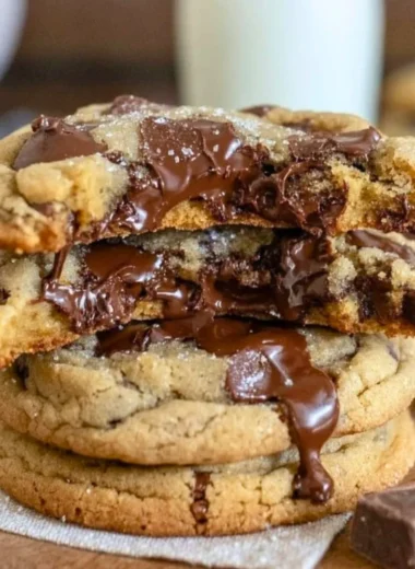 Ultra thick chocolate chip cookies with crispy edges and gooey chocolate centers.