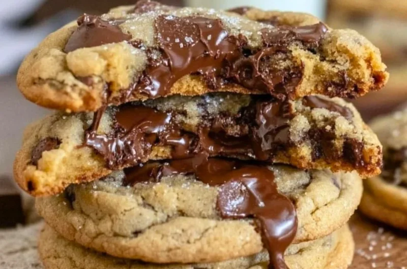 Ultra thick chocolate chip cookies with crispy edges and gooey chocolate centers.