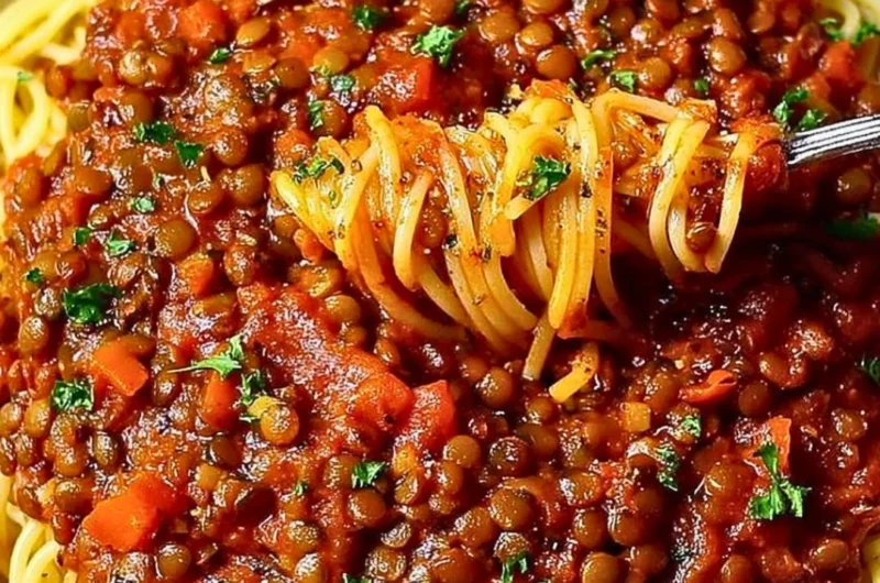 A bowl of hearty Vegan Bolognese pasta topped with fresh herbs.
