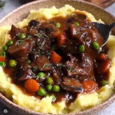 Vegan mushroom bourguignon served in a rustic bowl with herbs