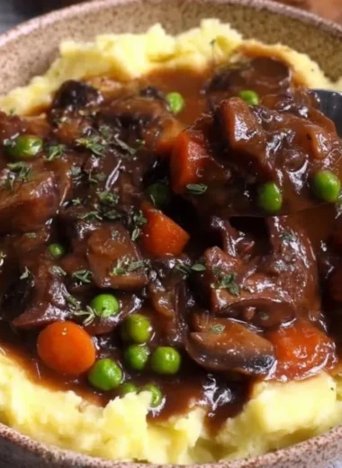Vegan mushroom bourguignon served in a rustic bowl with herbs