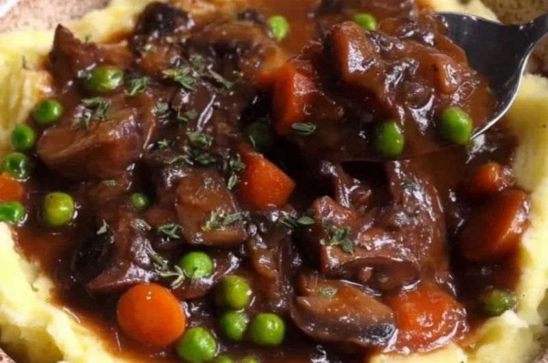 Vegan mushroom bourguignon served in a rustic bowl with herbs