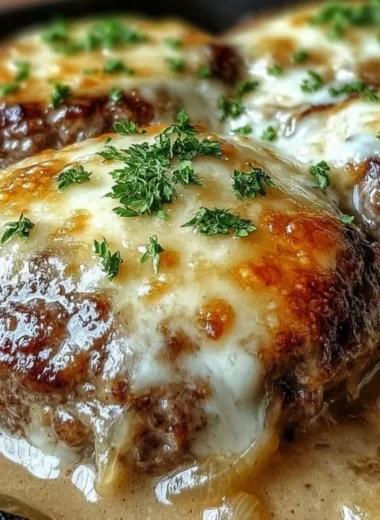 Delicious Amish hamburger steak bake served with a side of vegetables.