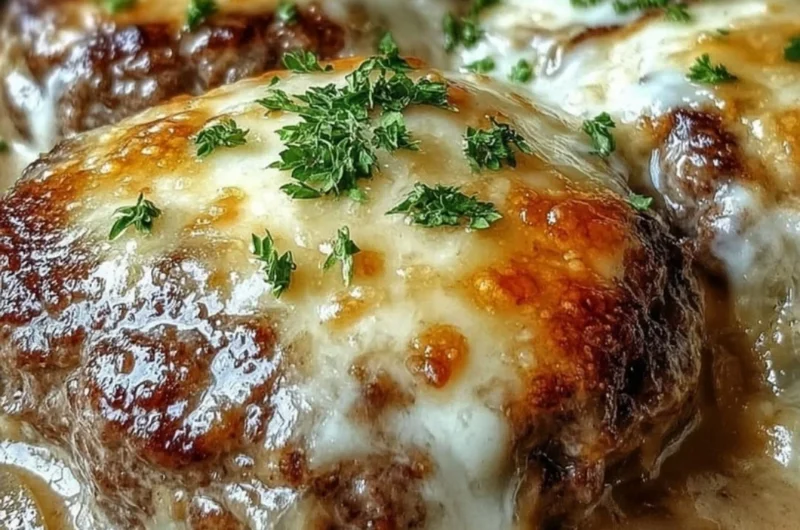 Delicious Amish hamburger steak bake served with a side of vegetables.