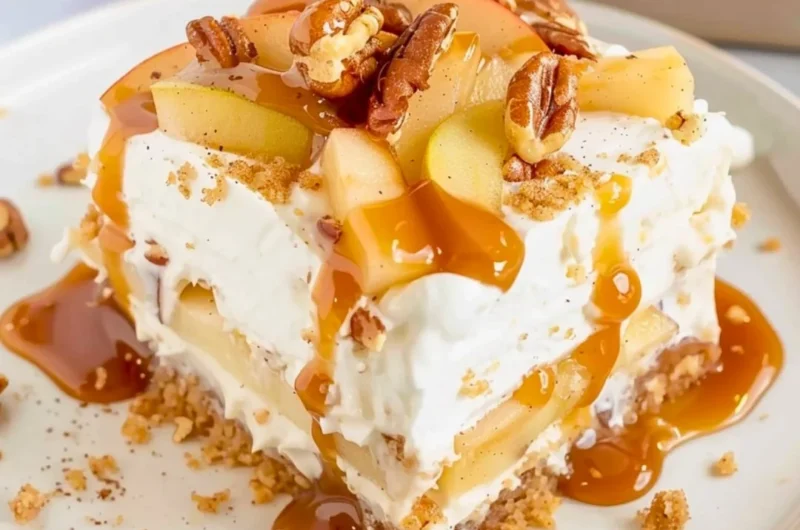 Delicious Apple Delight dessert with layers of graham cracker crust and creamy filling.