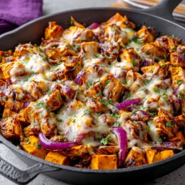 BBQ Chicken Sweet Potato Skillet cooking in a pan, garnished with herbs.