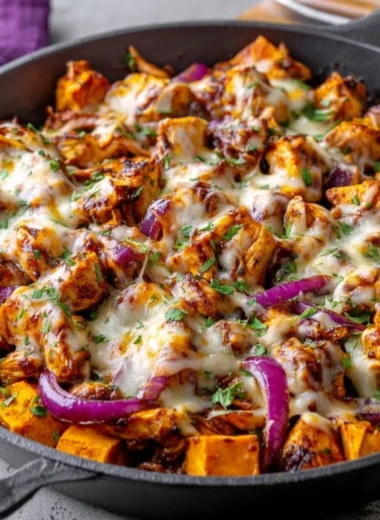 BBQ Chicken Sweet Potato Skillet cooking in a pan, garnished with herbs.