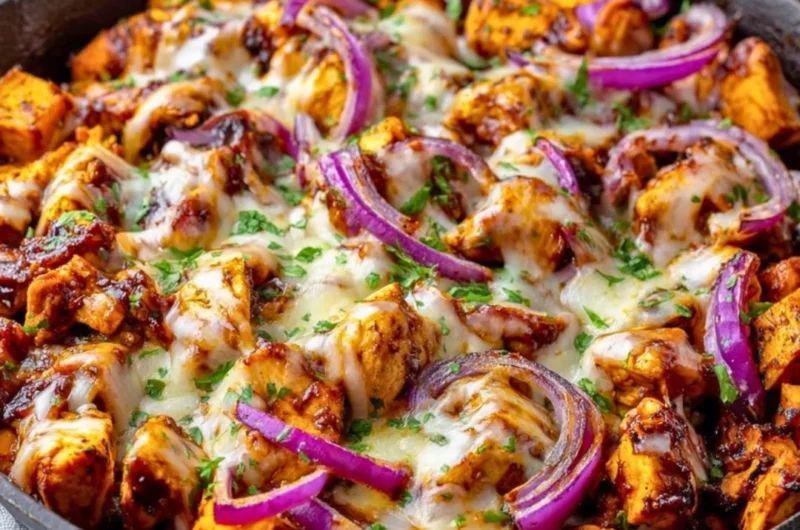 BBQ chicken sweet potato skillet in a pan, garnished and ready to serve