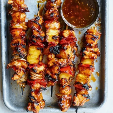 Delicious BBQ-Teriyaki Chicken Kabobs on a grilling platter