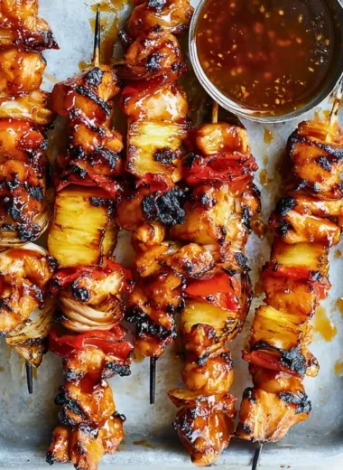 Delicious BBQ-Teriyaki Chicken Kabobs on a grilling platter