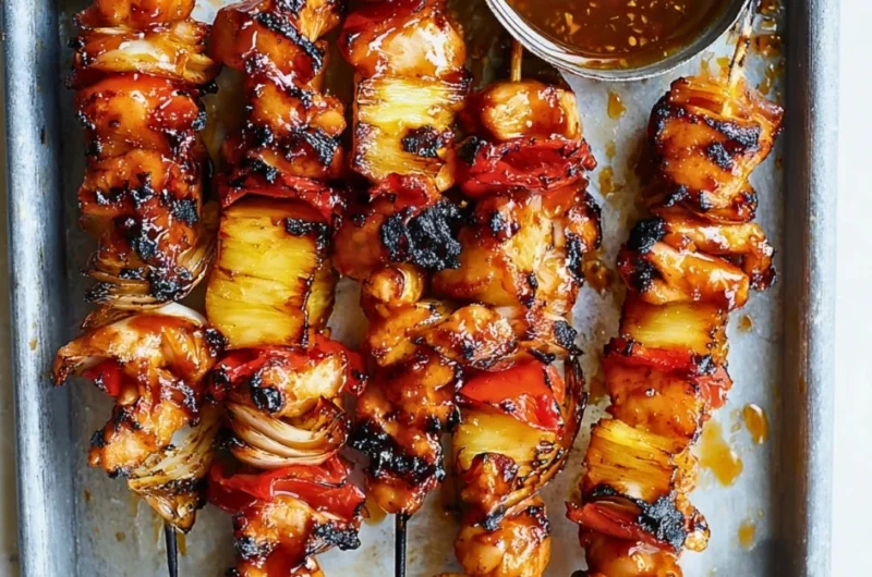 Delicious BBQ-Teriyaki Chicken Kabobs on a grilling platter