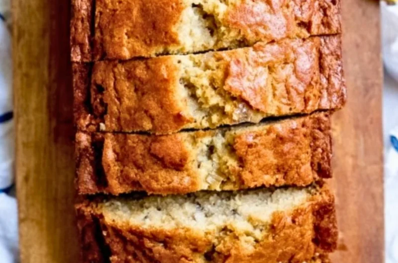 Delicious homemade banana bread sliced on a wooden cutting board