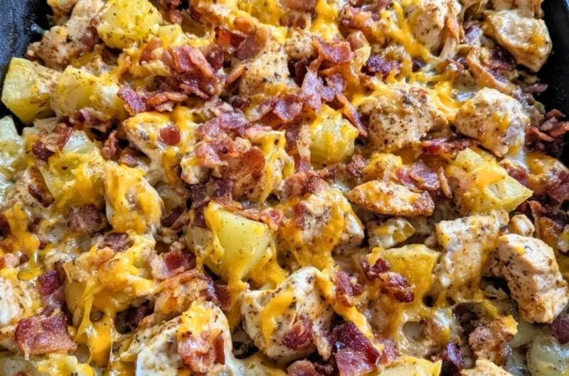 Delicious Blackstone Chicken Bacon Ranch Skillet with bacon and chicken pieces.