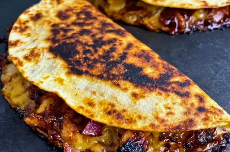 Delicious Blackstone Hot Honey BBQ Chicken Quesadillas with melted cheese and toppings