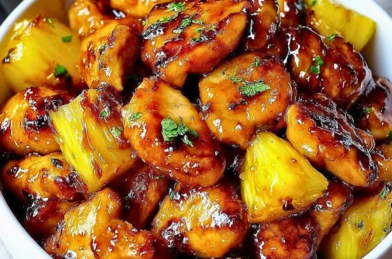 Delicious Blackstone Pineapple Chicken served on a plate with tropical garnishes