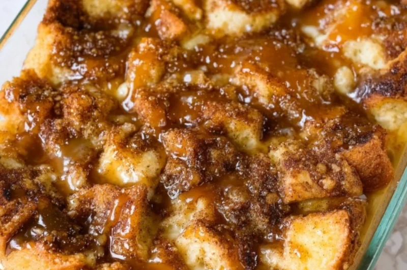 Delicious homemade bread pudding with spices and raisins in a white baking dish