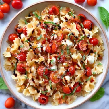 Colorful Bruschetta Pasta Salad garnished with fresh basil and tomatoes.