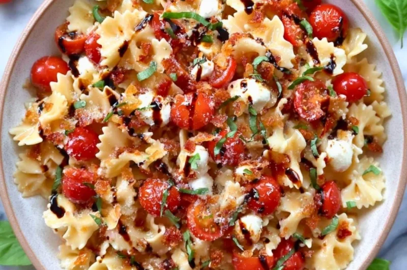 Colorful Bruschetta Pasta Salad garnished with fresh basil and tomatoes.