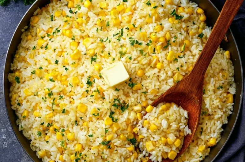 Plate of buttered corn rice with fresh herbs and butter topping