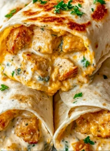 Cheesy garlic chicken wraps with fresh ingredients and melted cheese