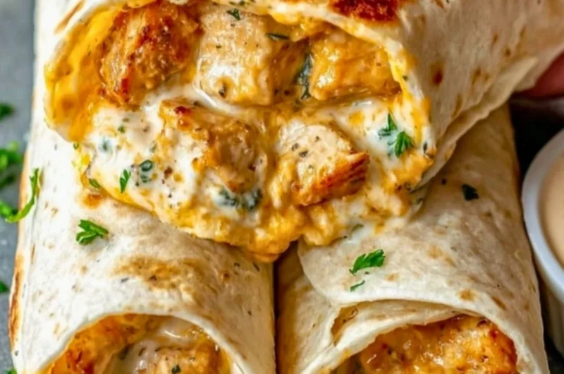 Cheesy garlic chicken wraps with fresh ingredients and melted cheese