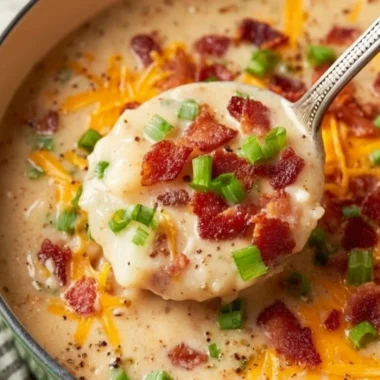 Bowl of cheesy potato soup garnished with herbs and cheese.