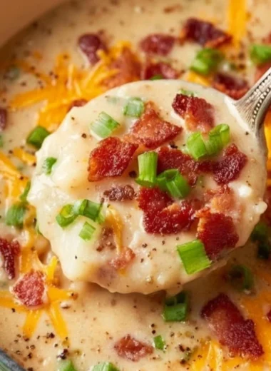 Bowl of cheesy potato soup garnished with herbs and cheese.