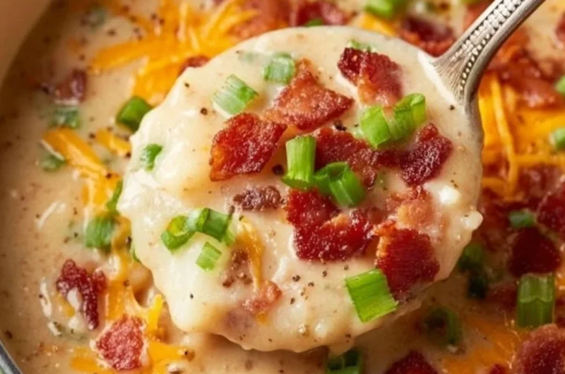 Bowl of cheesy potato soup garnished with herbs and cheese.
