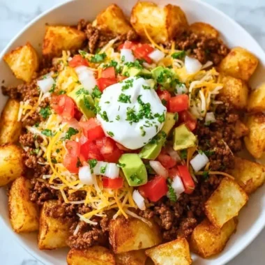 Cheesy taco potatoes served in a dish, garnished with herbs.