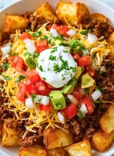 Cheesy taco potatoes served in a dish, garnished with herbs.