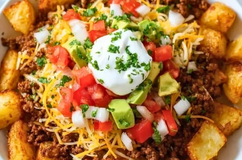 Cheesy taco potatoes served in a dish, garnished with herbs.